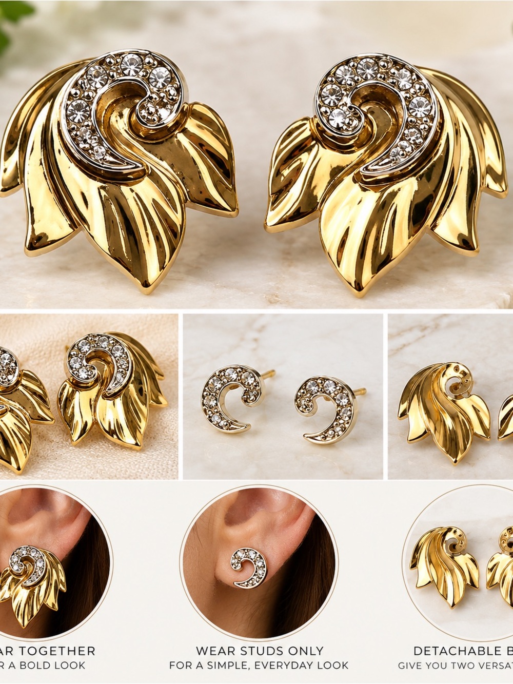 Gold Crystal Leaf Detachable Stud Earrings - Unbranded